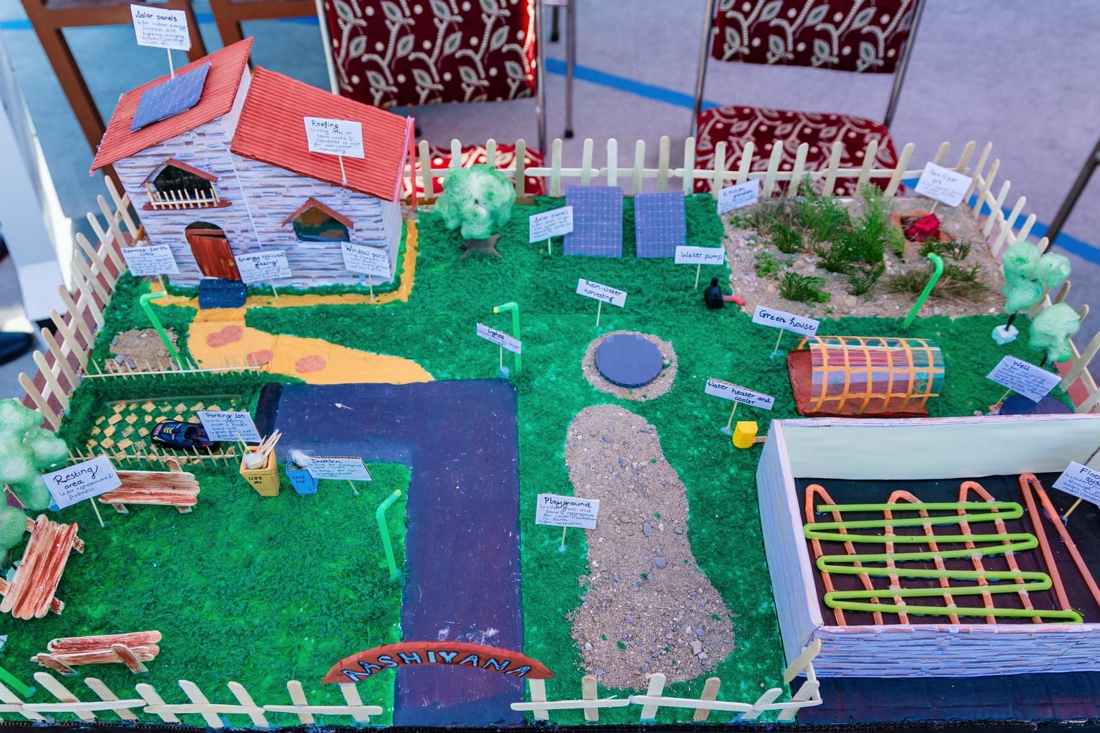Student-built model of an eco-friendly home with solar panels, rainwater harvesting and a greenhouse