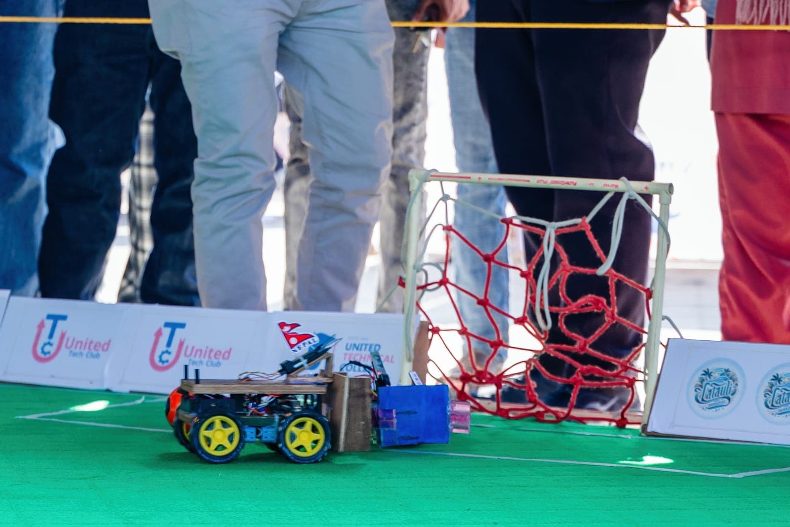 A student-built robot at the robot soccer arena, United Tech Fusion 2080